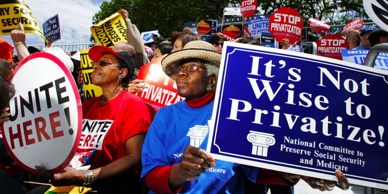 Gladys Mitchell, 80, right, from Washington, and Louise Hobbs, 71, left, from New York, N.Y. join a rally against the privatization of Social Security, on Capitol Hill on Tuesday.Manuel Balce Ceneta / AP