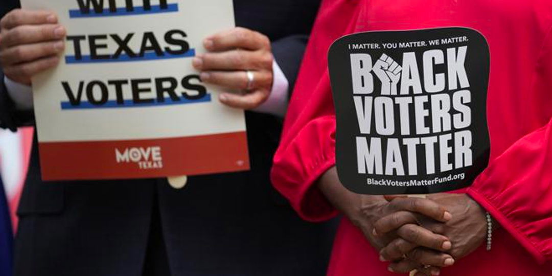 Democratic caucus members of the Texas House join a rally on the steps of the Texas Capitol to support voting rights, Thursday, July 8, 2021, in Austin, Texas. (Credit: Eric Gay)